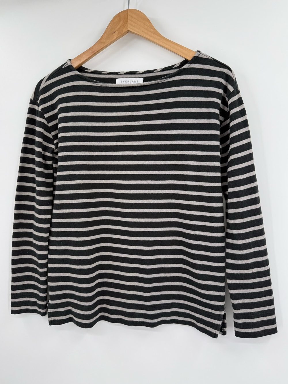 Everlane Cotton Breton Stripe Boatneck Long Sleeve | Black Gray | XS